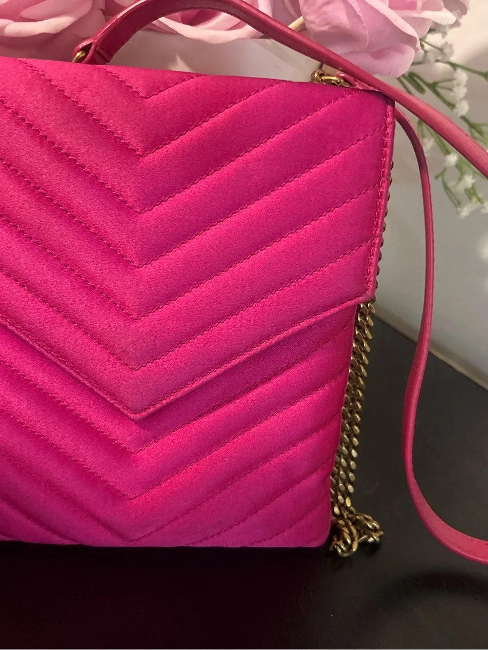 Saint Laurent Fuchsia Quilted Satchel with Gold YSL Accent